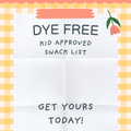 A square promotional graphic with a white center panel bordered by a yellow-and-white gingham pattern and a peach top border. Handwritten-style text reads 'DYE FREE KID APPROVED SNACK LIST' and 'GET YOURS TODAY!' with a small peach flower illustration near the top right.